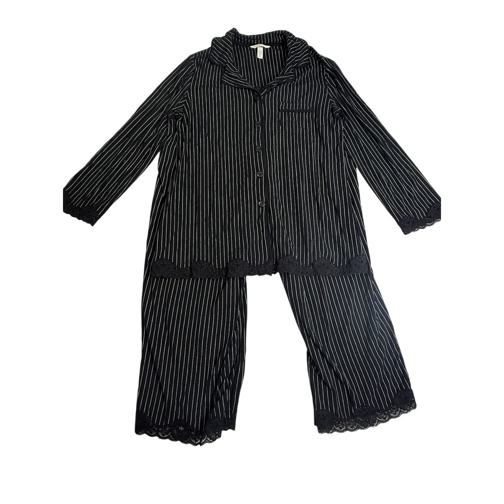 Soma Pajama Set Womens Small Black Pinstripe Excellent Lace Trim Long Sleeve